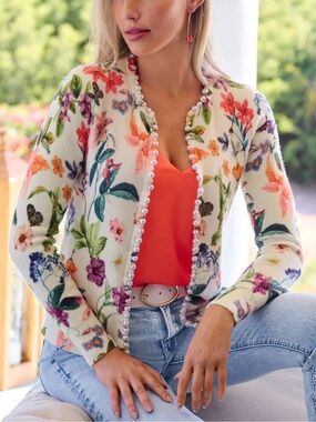 Boston Proper White Floral Pearl-Trim Cardigan